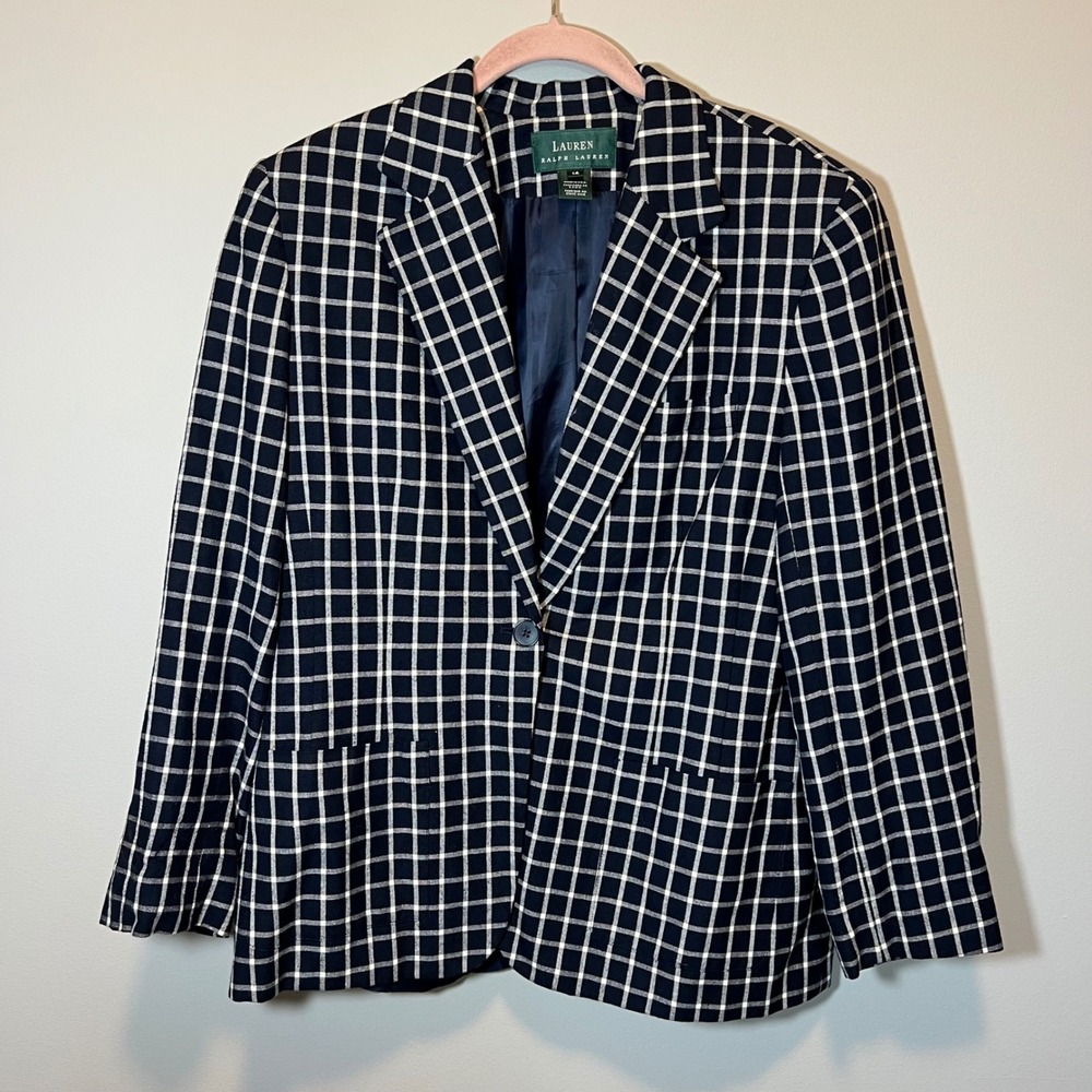 Lauren Ralph Lauren Navy Blue White Grid Check Blazer Jacket 14 Academia Career